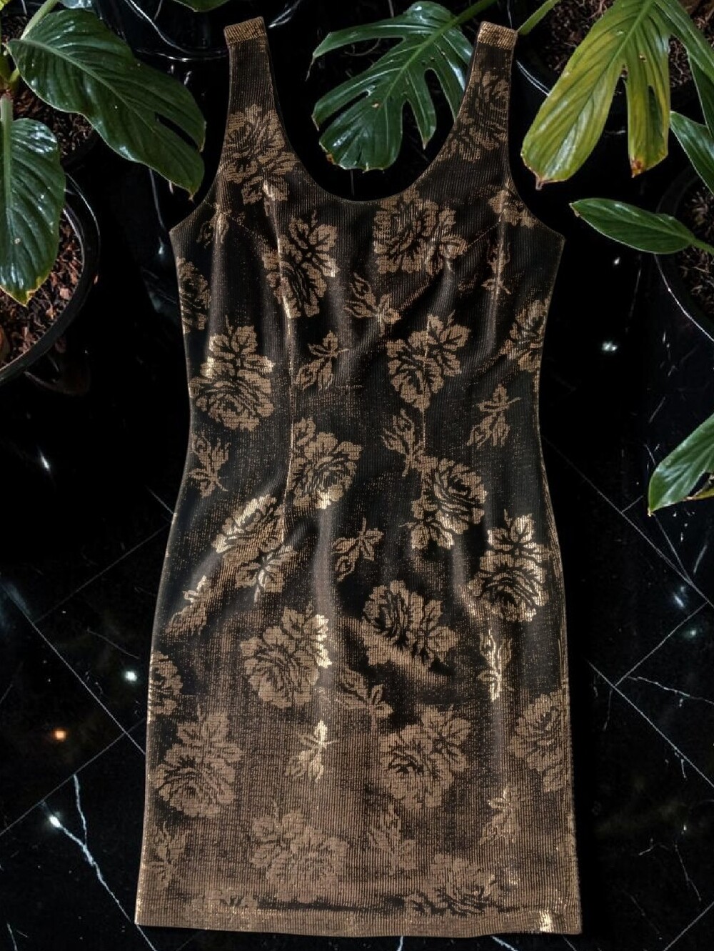 Whimsigoth Glam Gold Floral Jacquard Sheath Dress